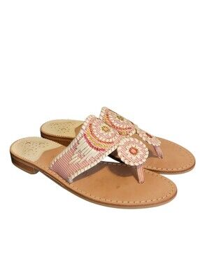 JACK ROGERS Pink White Gold Leather Beaded Toe Post Sandals Size 7.5
